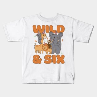 Wild & SIx Jungle Safari Zoo Kids 6th Birthday Kids T-Shirt